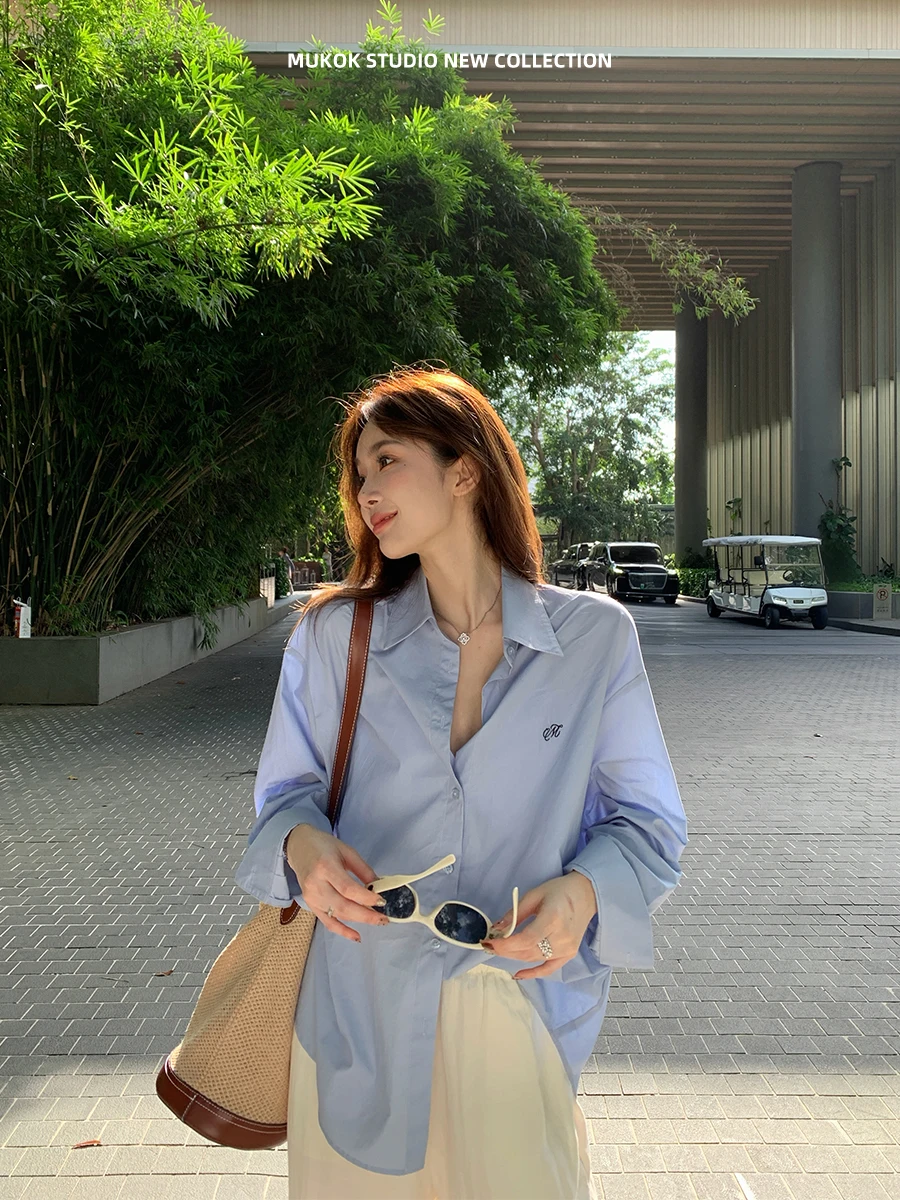 

MUKOK Blue 00% Cotton Korean Sle Simple Embroidery Women's Summer Loose Sun Protection irt Casual Lazy Sle irt