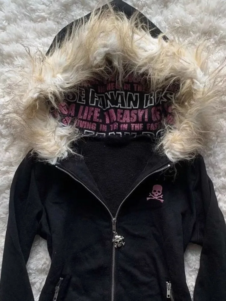 Japanese Harajuku Punk Skull Hoodies Women Fur Patchwork Hooded Tops Y2k Aesthetic Zipper Up Grunge Jackets Gothic Sweatshirts