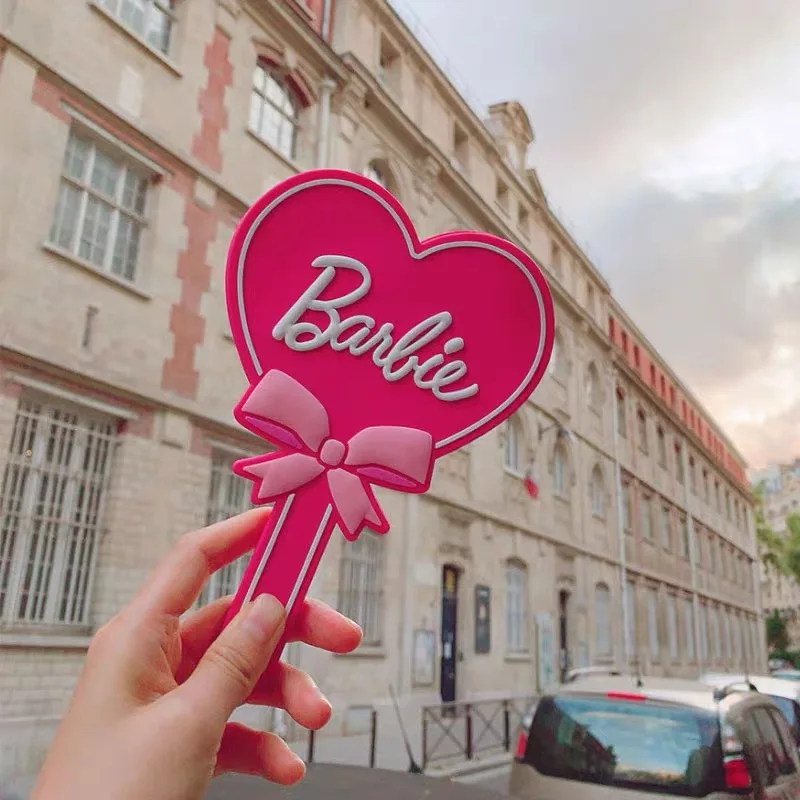 1Pcs Kawaii Barbie Anime Heart Shaped Bowknot Handheld Makeup Mirror Portable Pink Makeup Mirror Handle Salon Small Gift Girls