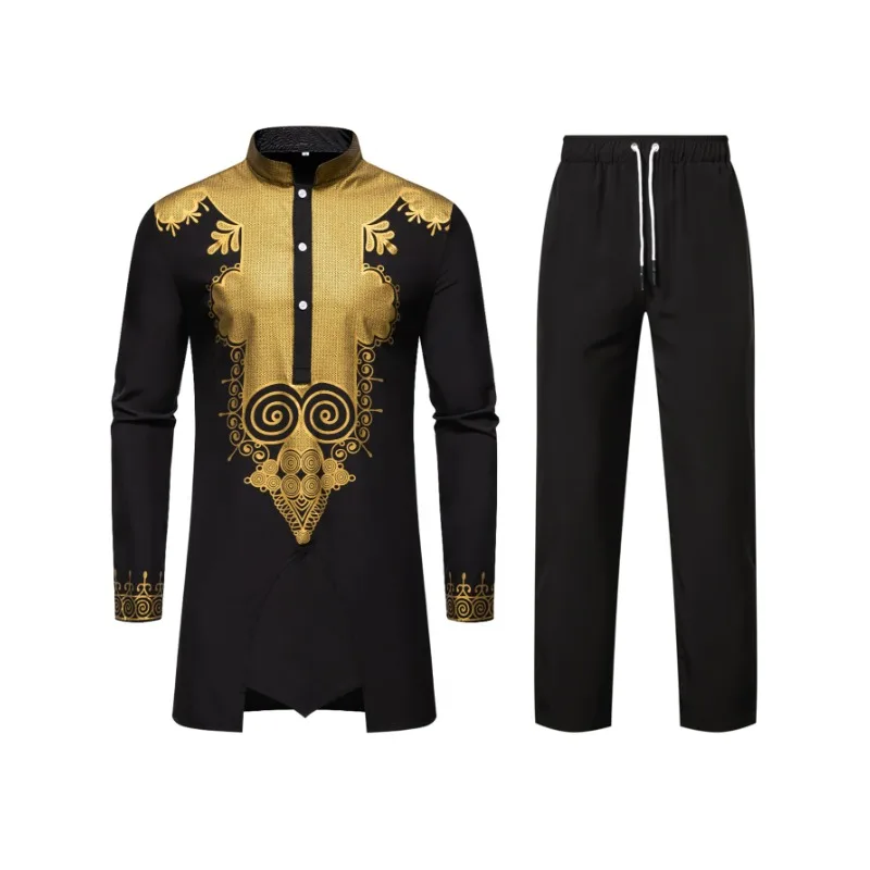 Men's Fashion Printed Totem Long Sleeved Gown Comfortable African Wind Trench Coat with Trousers Suit