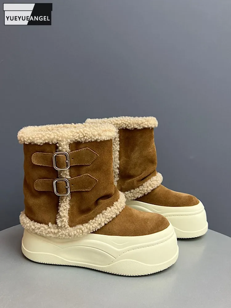 

Winter Casual Female Buckle Warm Fleece Lining Snow Boots Thick Platform Comfortable Cow Suede Leather Lady Ankle Antiskid Boots
