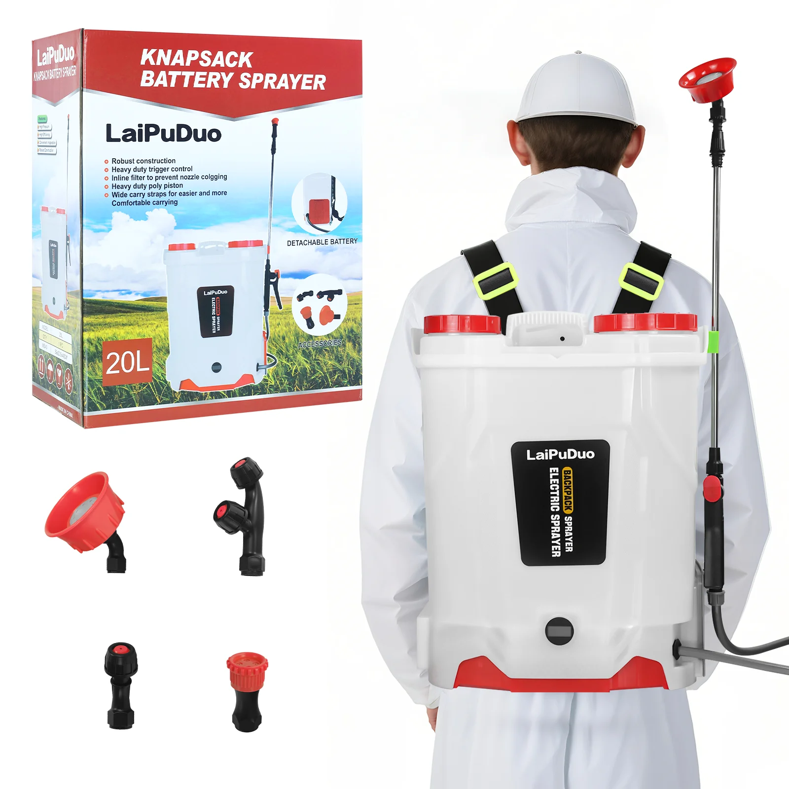 Pulvérisateur à dos électrique 20L, 100 PSI, pour jardin, avec 4 buses, compatible avec la batterie Milwaukee 18V