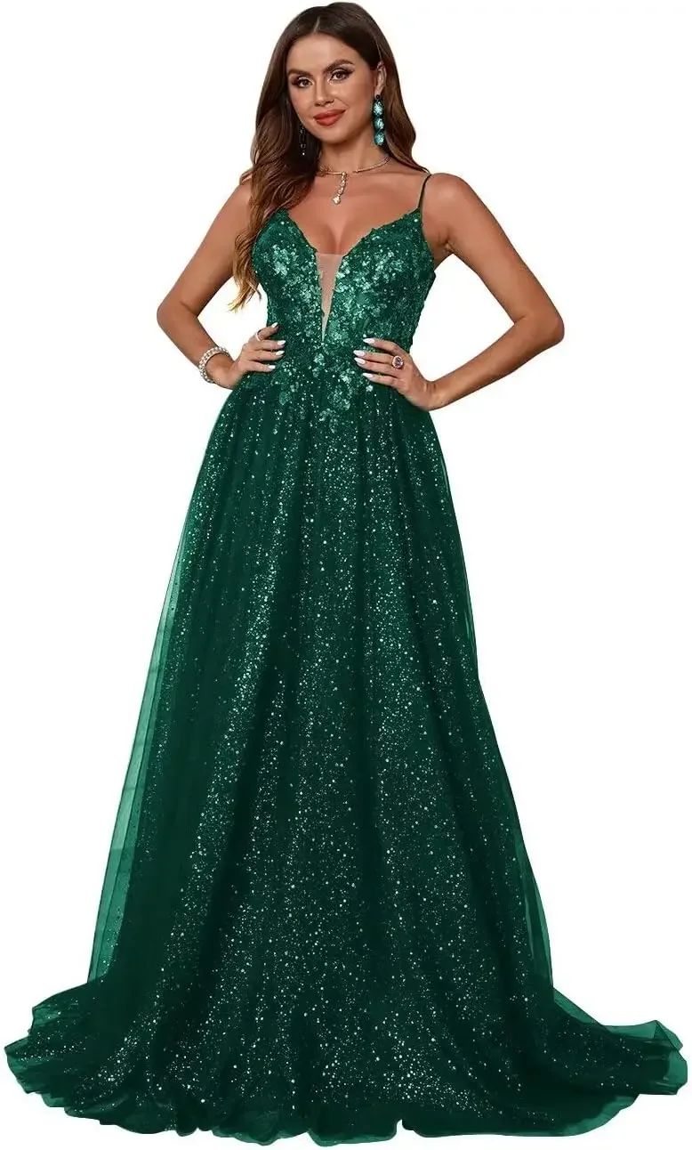 Ball Gowns Long A-Line Evening Dress Sparkly Tulle Prom Dresses for Women Spaghetti Straps Deep V Neck Lace Appliques