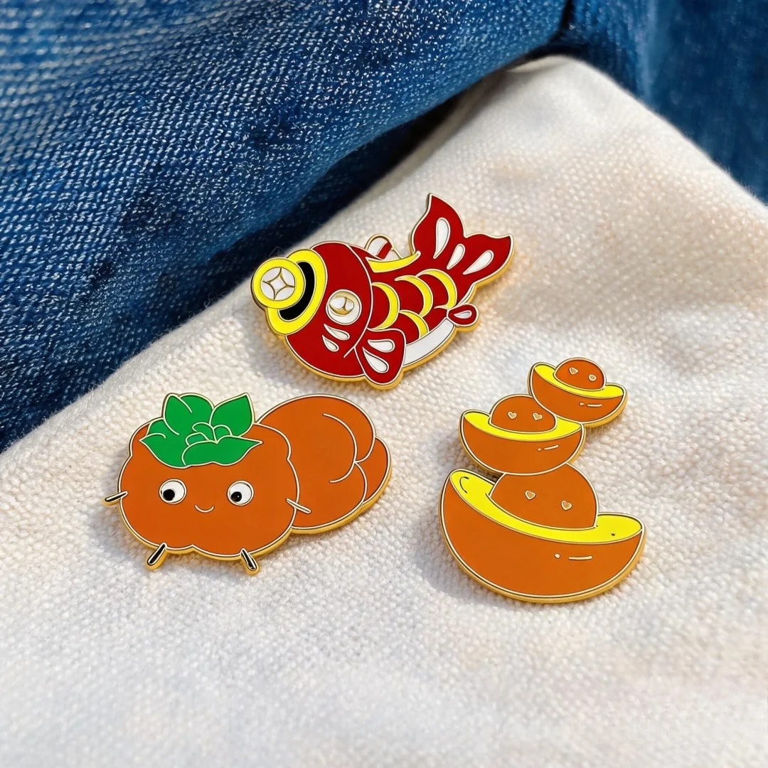 Chinese Lucky Symbol Enamel Pin Gold Ingot Koi Persimmon Cartoon Metal Brooch Badge New‑Year Decor Gift
