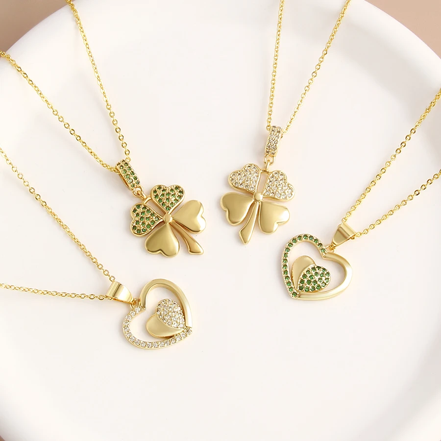 MHS.SUN Women And Men Hollow Heart Cubic Zircon Pendants Necklaces  Four Leaf Clover Gold Plated Couple Romantic Jewelry