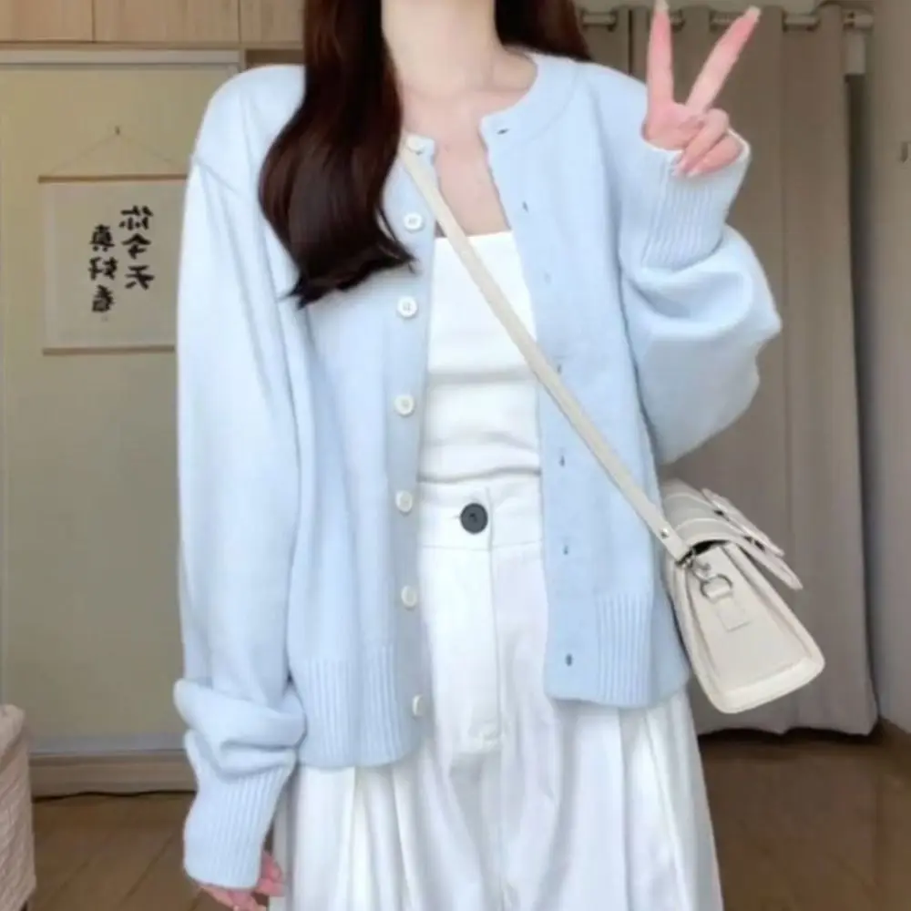 

Elegant Solid Color Knitted Coat Cream Blue Single Breasted Sweaters Women Long Sleeve O-Neck Cardigan Sweater Spring