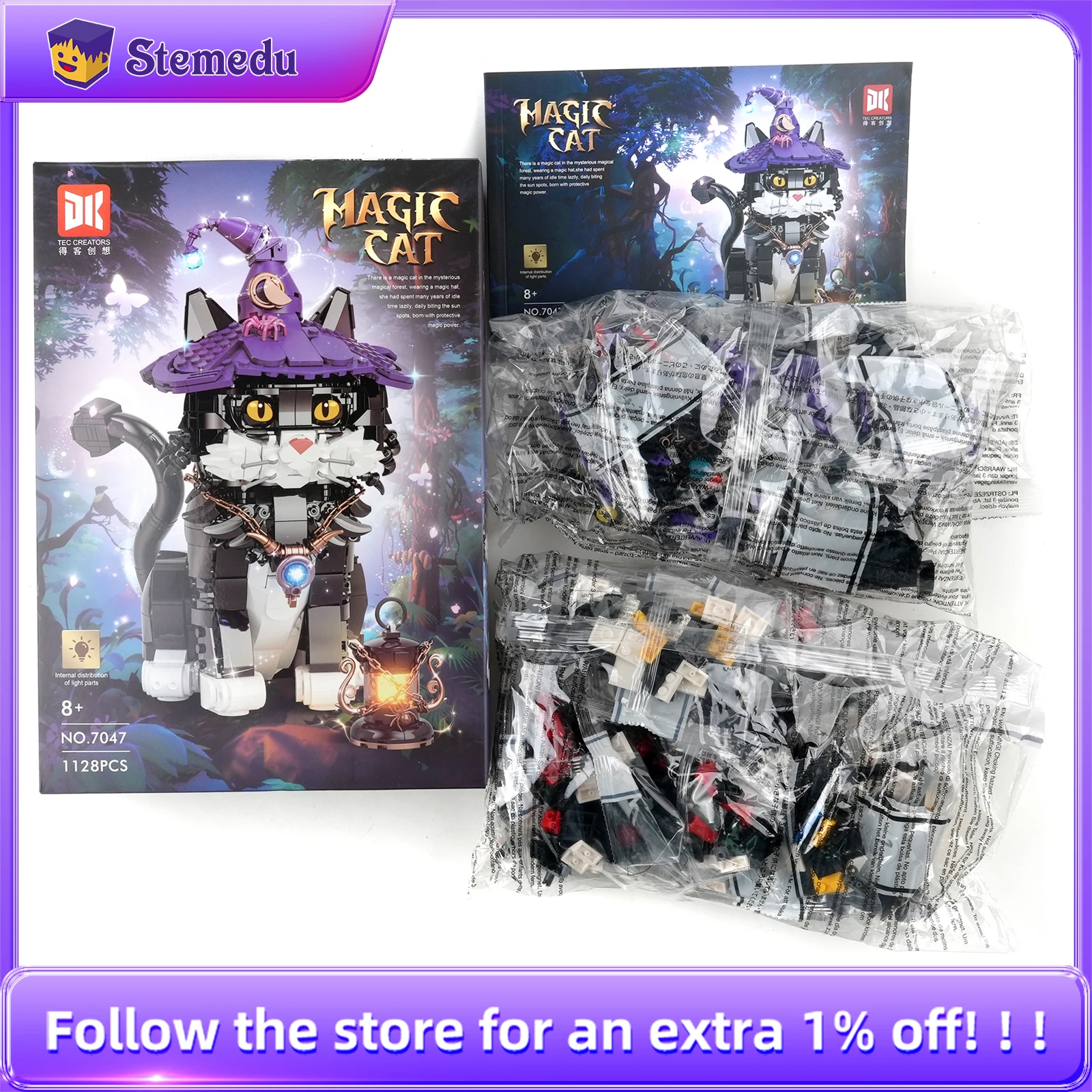 

Креативный 1128 шт. MOC Magic Cat, строительный блок, школа волшебства, домашнее животное, мультяшное животное, сборные кирпичи, игрушки, подарок для детей, девочек, взрослых