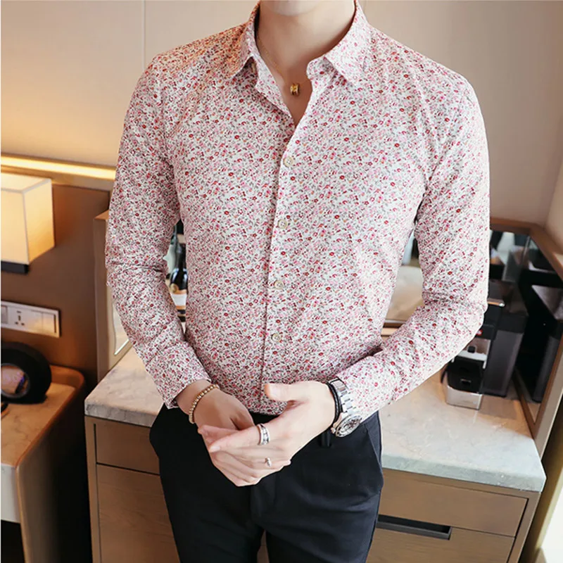 Men Shirts Cotton Vintage Clothes Flowers Shirt Korean Clothing Men\'s Fashion Beach Men\'s Spring Long Sleeve Shirt Top