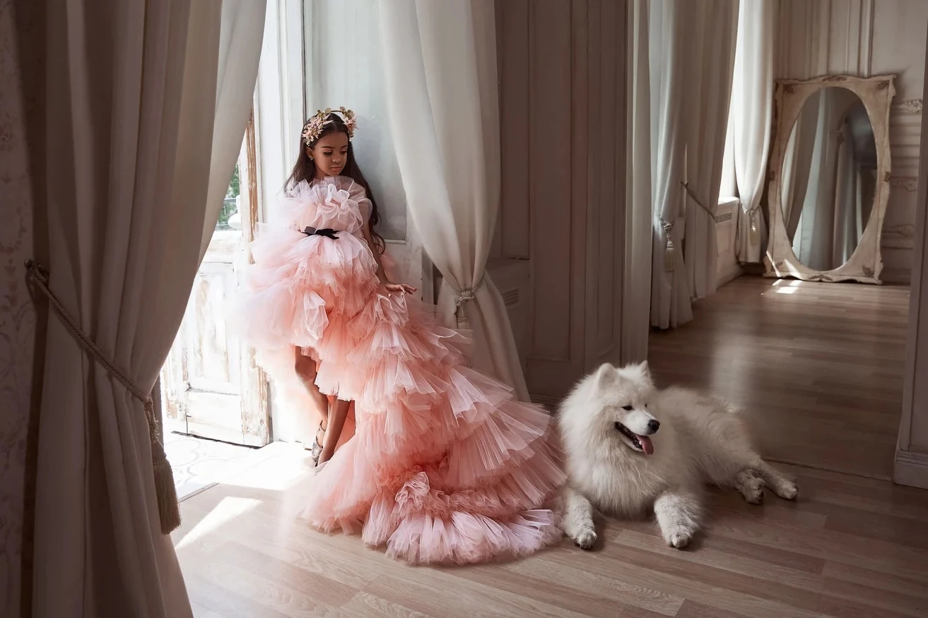 Vestidos de desfile para niñas, sin tirantes vestido de baile, tul escalonado, vestidos de flores para bodas, primera comunión, niños y bebés