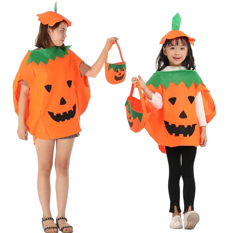 

Kids Adult Pumpkin Cosplay Halloween Children Pumpkin Costume Clothing Set Include Tops Hat Bag Cute Pumpkin Performance Costume