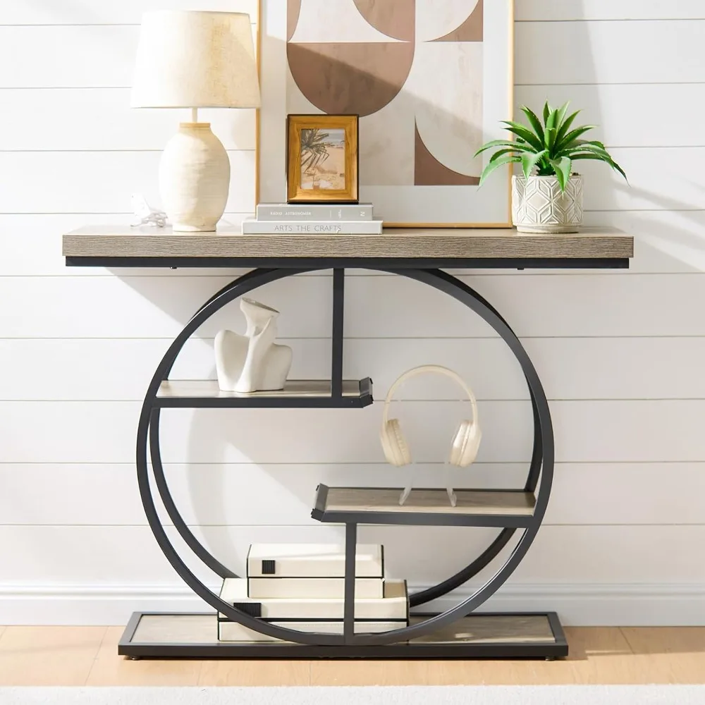 طاولة أريكة، طاولة مدخل صناعية من 4 طبقات مع قاعدة دائرية وسطح سميك 1.7، طاولة وحدة تحكم ضيقة مع مساحة تخزين لـ #5