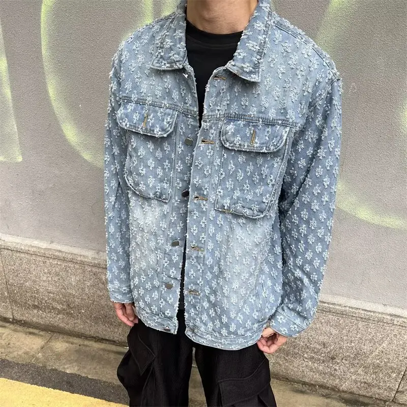 

Весенне-осенняя мужская потертая синяя джинсовая куртка в винтажном стиле, свободная рваная уличная одежда, мотоциклетные джинсы, куртки, пальто