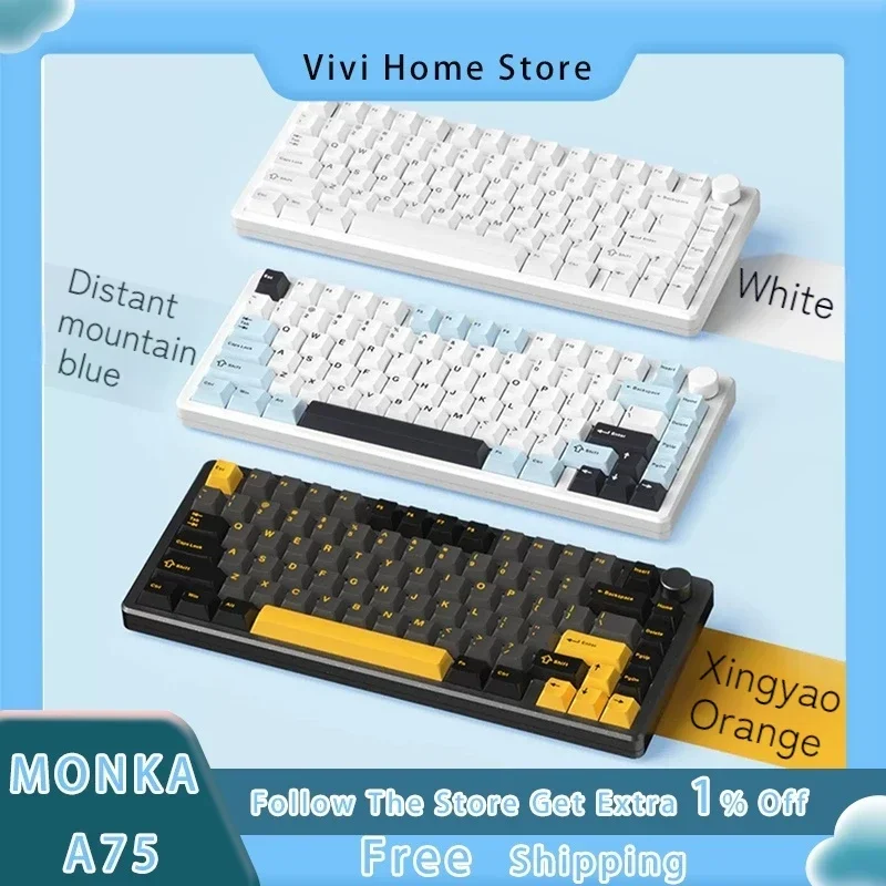 

Monka A75 Mechanical Keyboard 81 Key Three Mode Wired Wireless Bluetooth Customized 75% Rgb Hot Plug Gasket Knob Game Keyboard