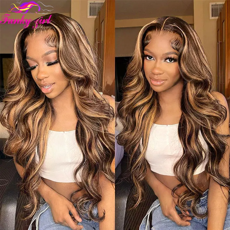 4/27 Brazilian Highlight Body Wave Human Hair Lace Wigs Body Wavy 13x6 Lace Front Wig Pre Plucked For Women And Girl 180 Density