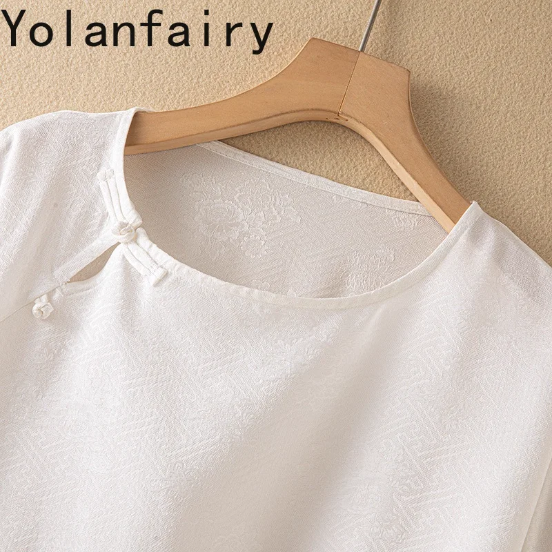 YOLANFAIRY الجمال الصيني 100% قميص أبيض من حرير التوت الطبيعي قميص نسائي جاكار ثلاثة أرباع كم قمصان نسائية قطع علوية مائلة