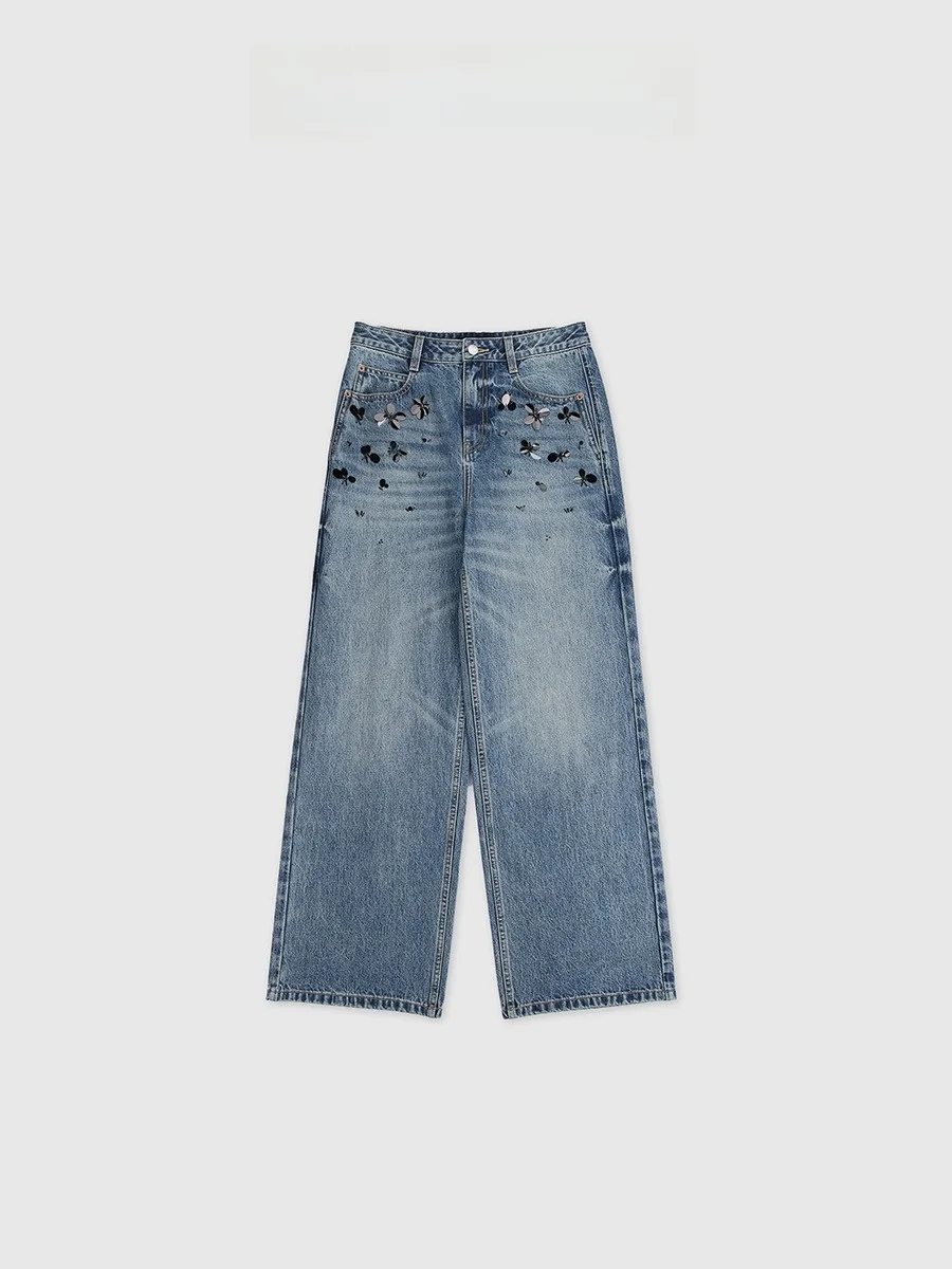 

Модные джинсы ручной работы из бисера BaAtOne «Чжу Ди» класса люкс, хлопок, весна-лето, женские, приталенный крой, средняя эластичность