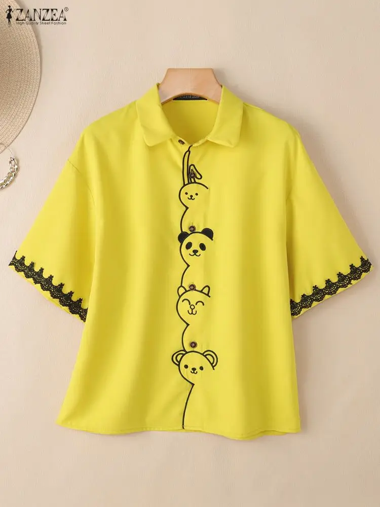 ZANZEA レディース レース パッチワーク 半袖シャツ 夏 2025 カジュアル ターンダウンカラー 刺繍入り 漫画ボタンアップ デイリートップス 3XL