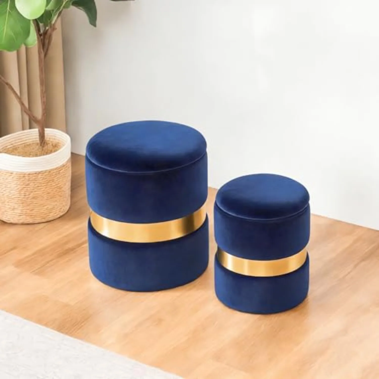 Round Set of 2 Ottoman with Storage-Upholstered Velvet Vanity Stool for Makeup Multifunctional Ottomans Padded Seat