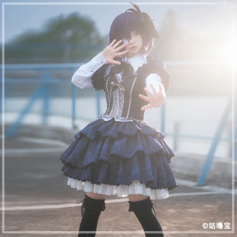 Rikka Takanashi Cosplay Chunibyo love Daily Dark Blue Lolita Printed Female Dress Costume E