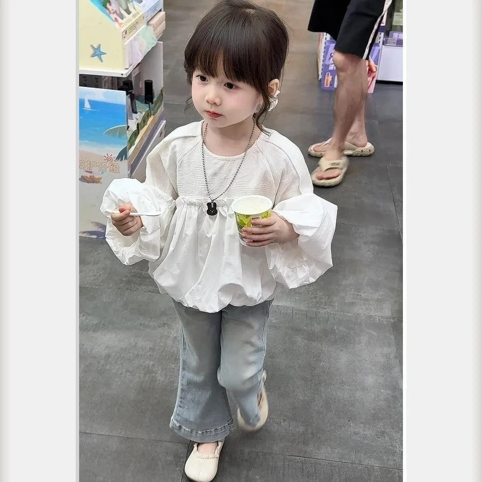 2 4 6 7Y طفل الفتيات الخريف مجموعة جديدة للأطفال فقاعة كم قميص طبعة فضفاضة + الجينز قطعتين مجموعة