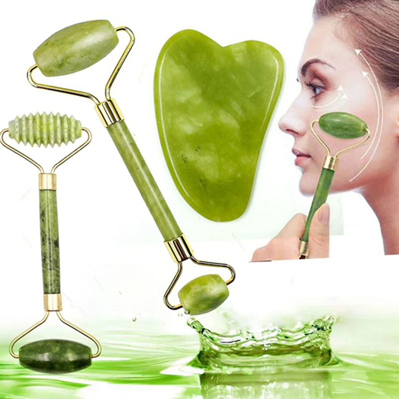 Massageador facial gua sha conjunto de pedra natural guasha ferramenta de massagem corporal jade face lift dispositivos visage rolo de massagem rolo visage