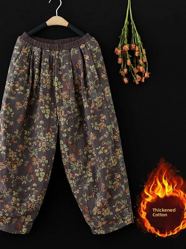 Loose Wide Leg Cotton Pants Women's plus Size Floral Print Casual Trousers Outerwear Comfortable Harlan Style Polyester Fiber