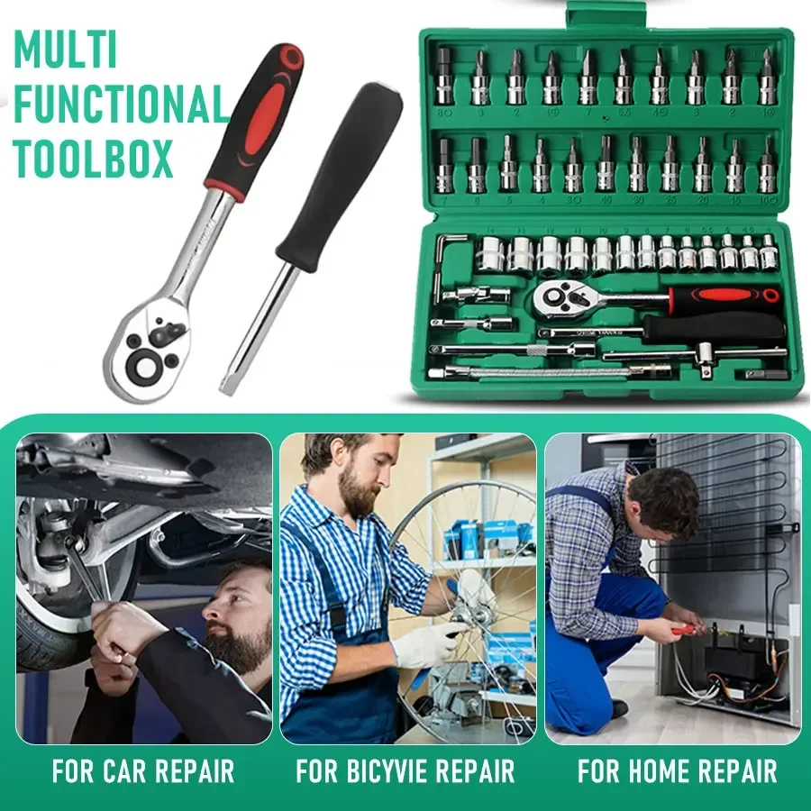 

Набор торцевых ключей 46 шт., 1/4 дюйма, с трещоткой, метрическими шестигранными битами, набор инструментов для механиков, для ремонта дома и автомобилей