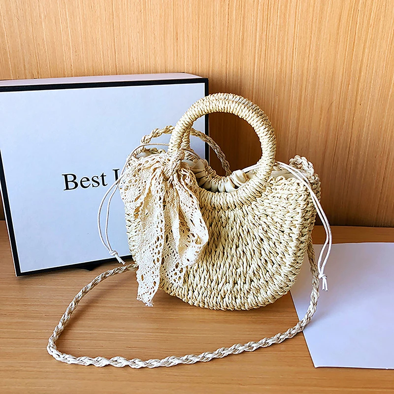 Sac à main demi-rond en rotin pour femmes, fait à la main, en paille tissée, sacoche à bandoulière d'été, petit sac de plage pour filles