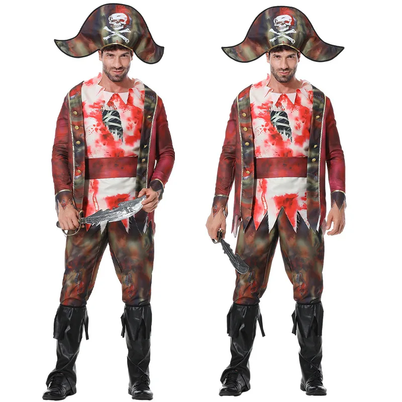 

Mens Caribbean Pirate Costume Adult Sea Captain Robber Costume Halloween Terrifying Zombie Captain Cosplay Makeup Ball Party Set