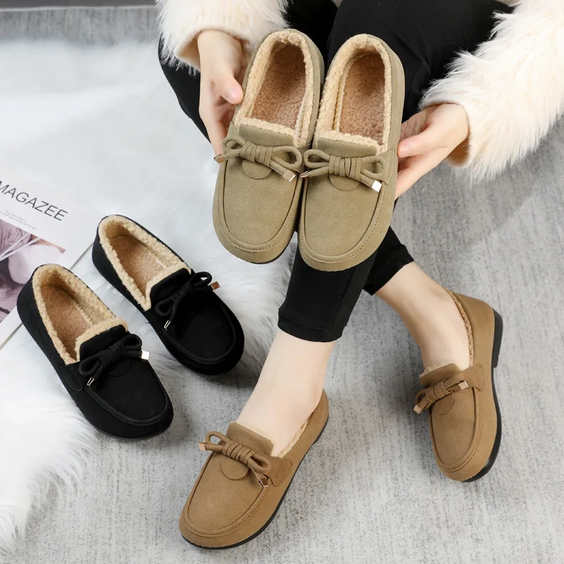 

2024 autumn and winter new cashmere warm cotton shoes female lamb soy bean shoes lazy people a slip-on woolen shoes