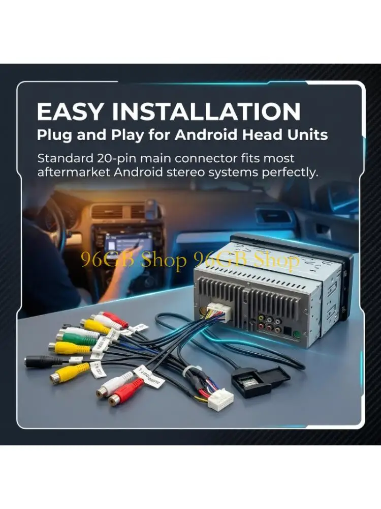 96GB Car Media Wiring Harness with 8 Layout, Head Unit Cable Set, Microphone Line and Card Slot Extension for Backup Camera