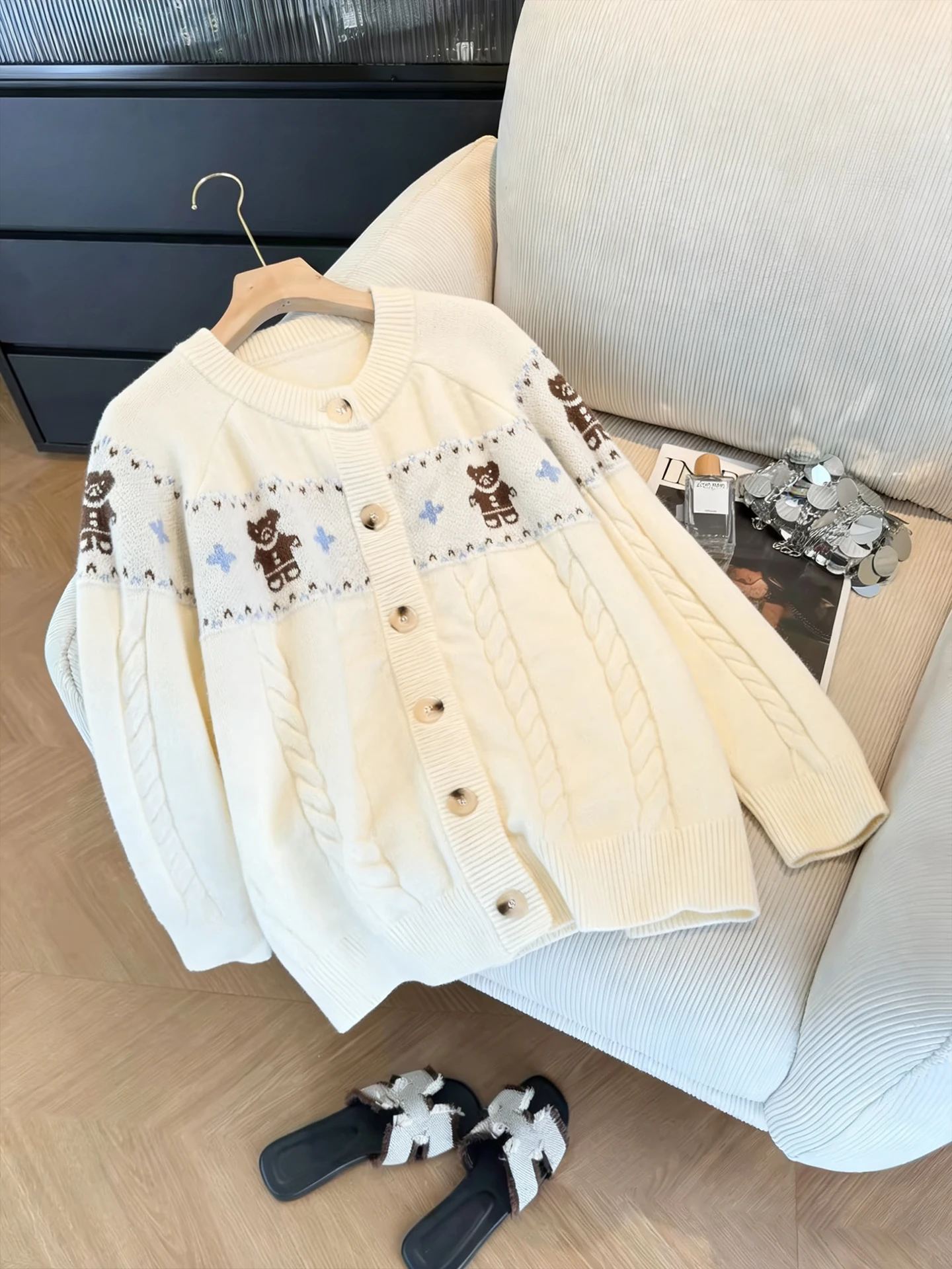 

Retro Korean Sle Knitted Open Cardigan Women's Spring Autumn Loose Fit round Ne Bear Embroidery Casual Long Sve Top