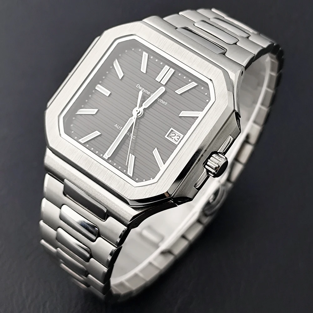 Часы для мужчин Dwayne Campbell Автоматические часы с сапфировым стеклом из нержавеющей стали с квадратным корпусом Зеленые светящиеся водонепроницаемые наручные часы