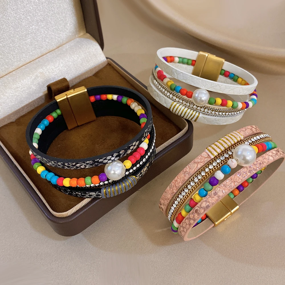 ALLYES Ethnic Colorful Beads Woven Leather Bracelet for Women Hip Hop Delicate Multilayer Wrap Wide Bracelets Charm Jewelry