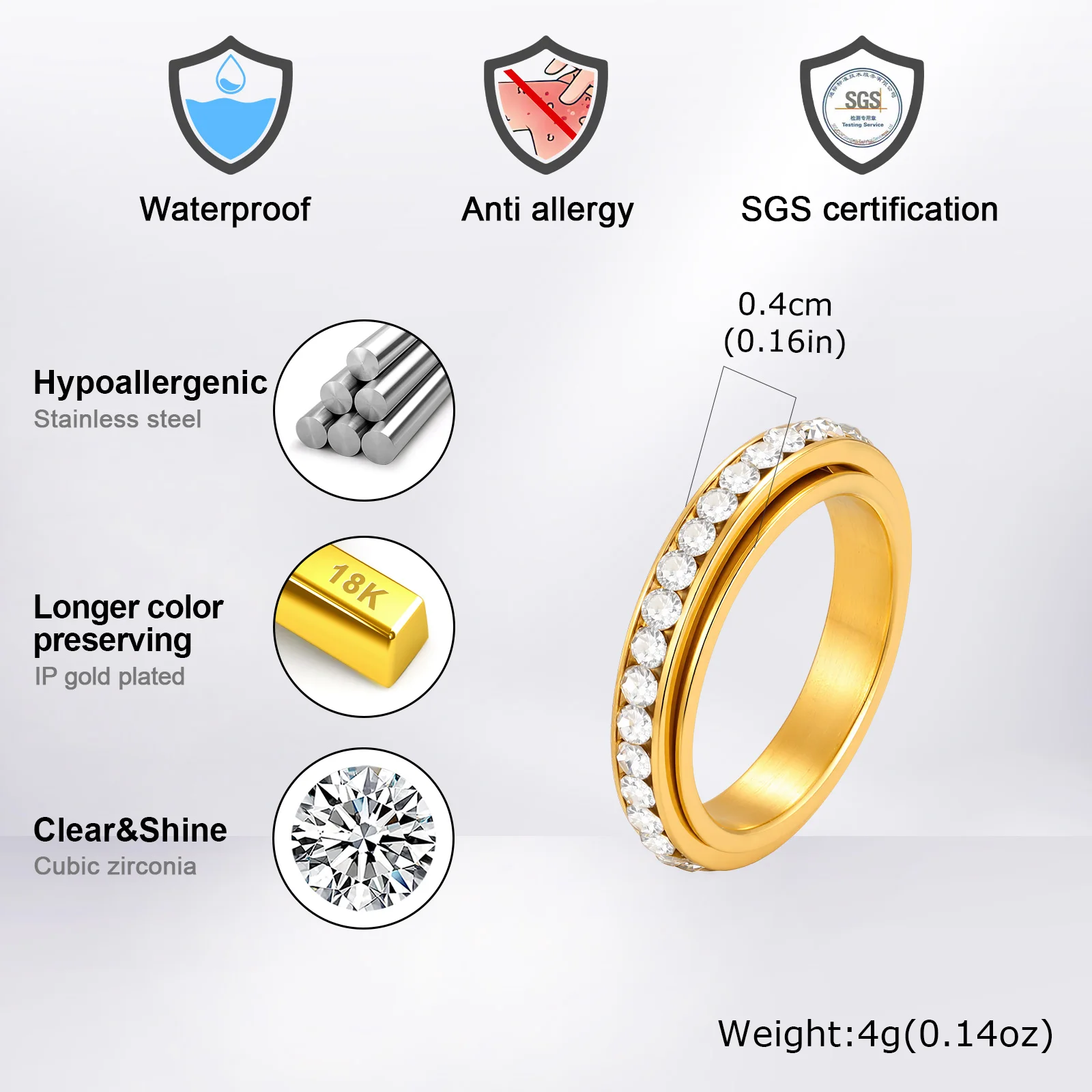 4mm Spinner Zircon Fidget Ring for Men Women,Stainless Steel Rotating Anxiety Relief Engagement Rings Tail Ring,Anniversary Gift