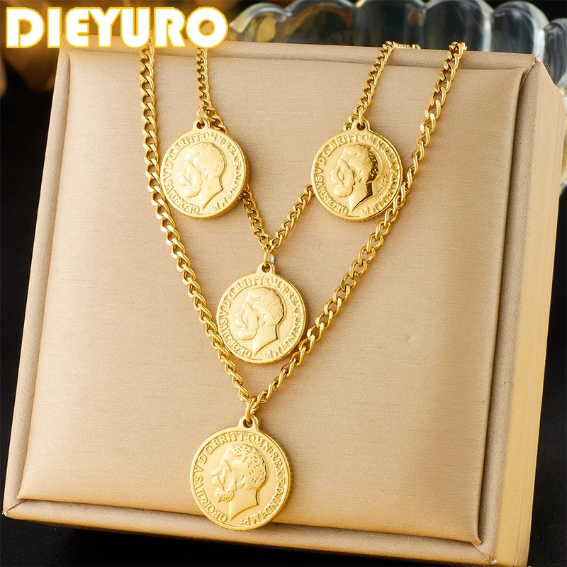 DIEYURO 316L Edelstahl Goldene Arabische Münze Doppel-schicht Halskette Für Frauen Trend Afrika Islamischen Hals Kette Schmuck Geschenk