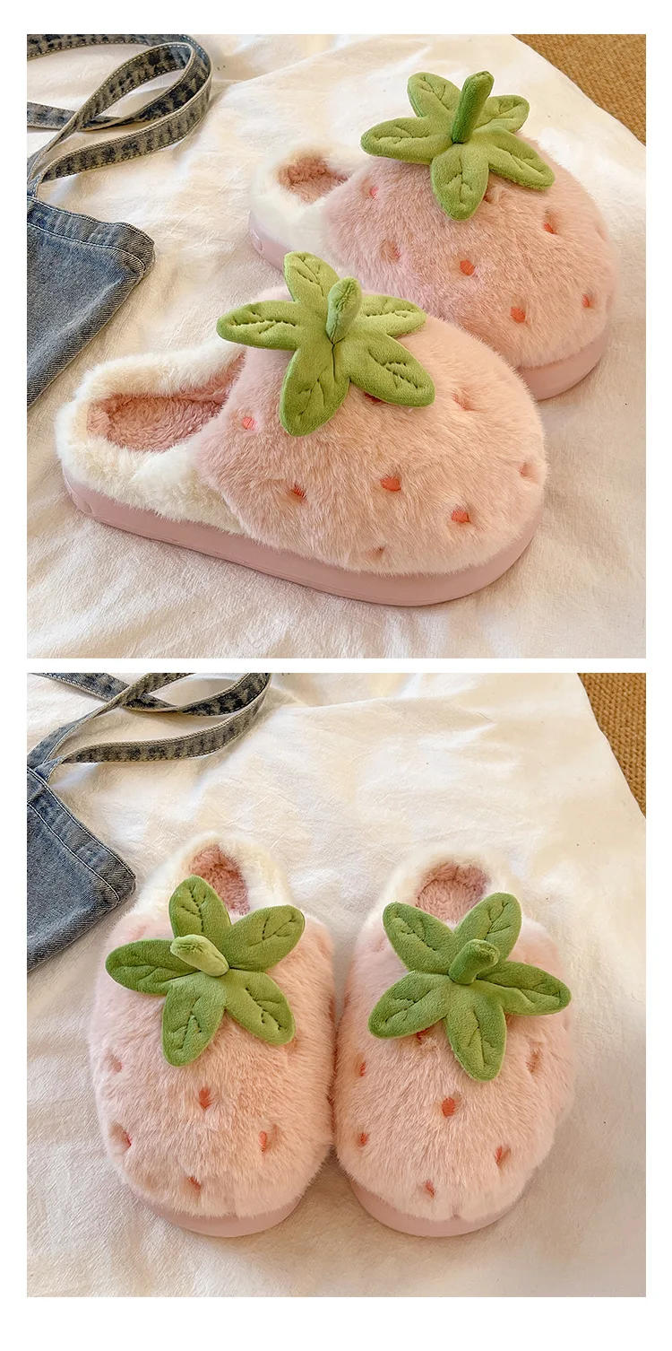 Niedliche Erdbeer-Baumwollpantoffeln für Damen, Winter, Indoor, warm, mit Plüsch überzogen, dicker Boden, rutschfest, Outdoor-Mattenpantoffeln – Detail 5