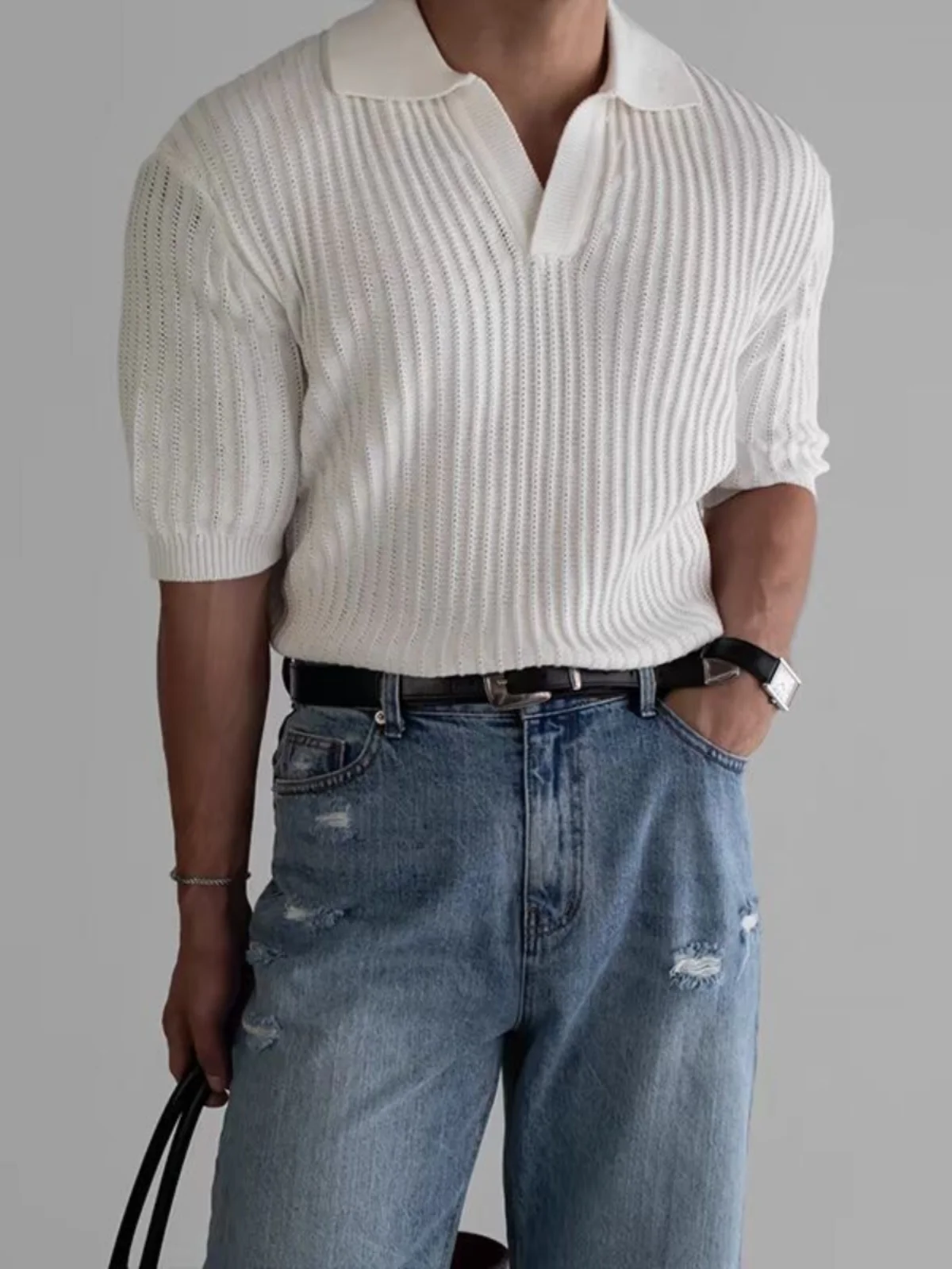 

Ice Silk Knitted V-Ne irt Men's Slim Fit ort Sve Turn-down Collar T-irt Satin Cotton Ice Silk Sweatirt