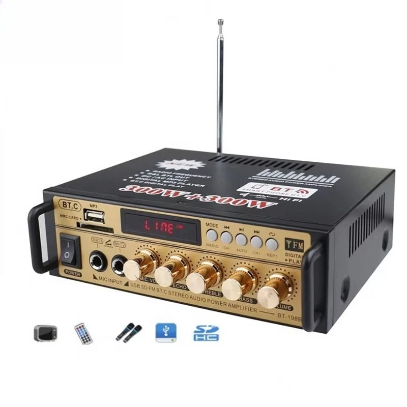 

Заводской усилитель звука 198BT HI-FI 220В с FM-радио, поддержка 12В для автомобиля и дома