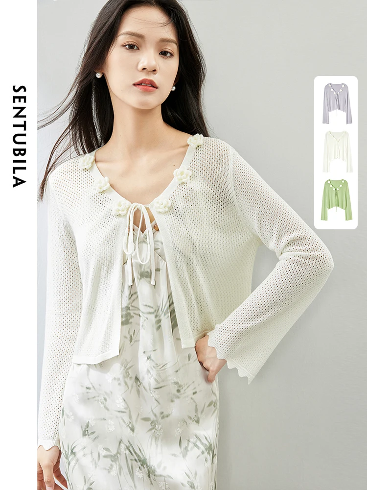 SENTUBILA Off White Lace-up Hollow Out Cardigan 2024 Spring New Solid V-neck Long Sleeve Top Elegant Soft Woman Coat W42W53922