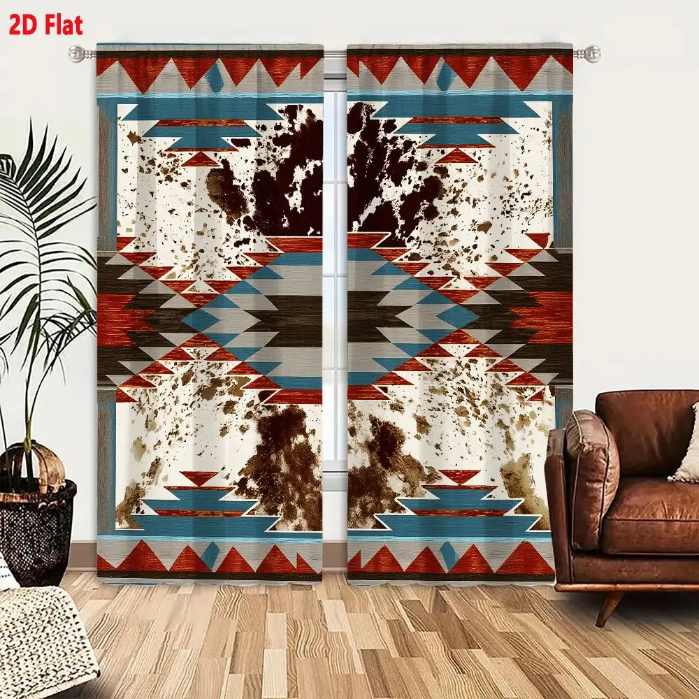 2Pcs Curtains 2D Flat Southwestern Geometric Art With Earthy Tones And Abstract Brown Splotches Window Drapes for Bedroom Room D