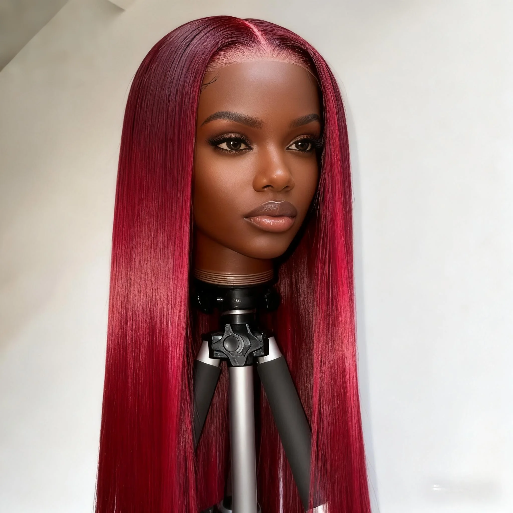 

Темно-красный прямой парик из бразильских человеческих волос 32 дюйма, плотность 200 | 13x4 Кружева Фронтальная Предварительно Сорванная Бесклеевая | Цветной длинный парик