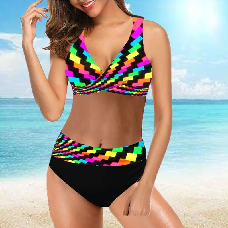 Conjunto de Bikini con estampado multicolor para mujer, traje de baño de dos piezas holgado, Sexy, 2022