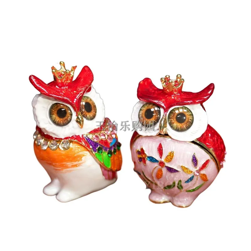 

Metal Craft Enamel Ornament Owl （2pcs)Jewelry Box Trinket Holder with Crystal counter decoration bithday gift trinket box