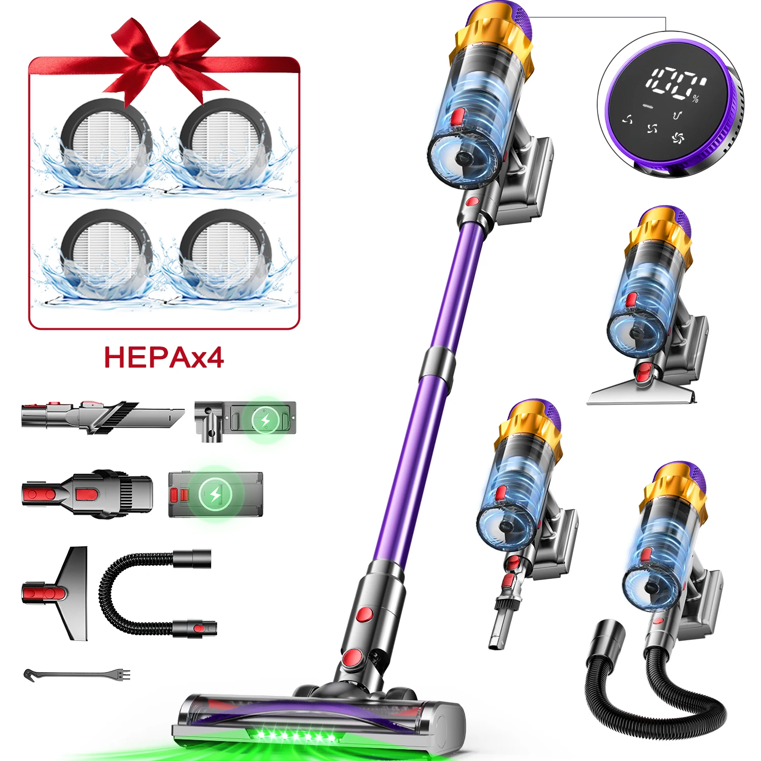 Daccormax Aspirateur Balai Sans Fil 65000Pa, Aspirateur balai 8 Couches de Filtration HEPA, Brosse Anti-Enchevêtrement en V, Réservoir 1.8L, Multifonction pour Sols & Poils d’Animaux