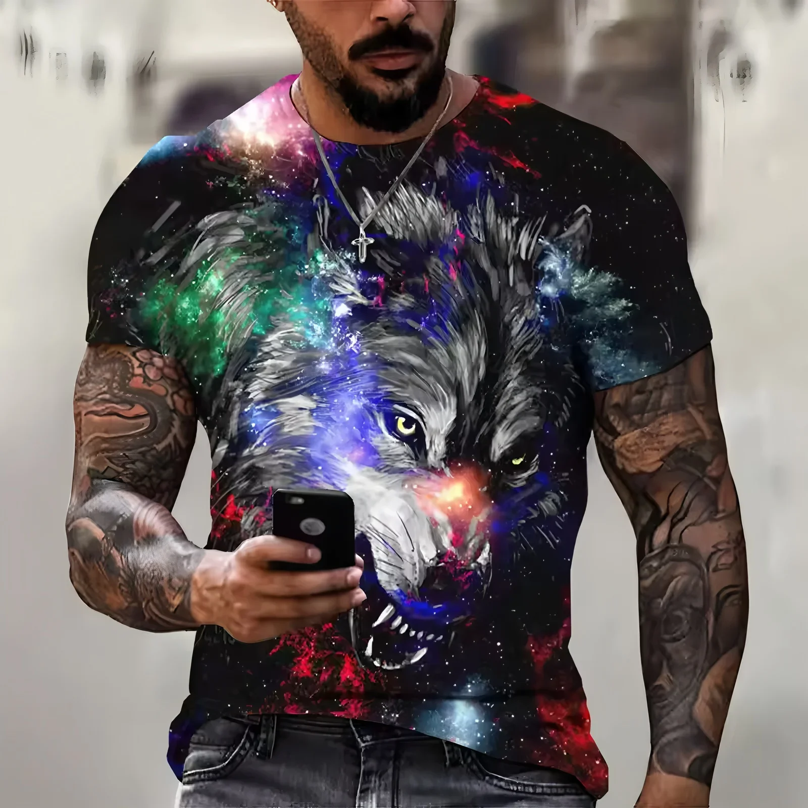 Funny 3D Wolf Print T Shirt For Men Hip Hop Trend Harajuku Streetwear Casual O-neck Short Sleeve Loose Tops Fashion y2k Clothes view 3
