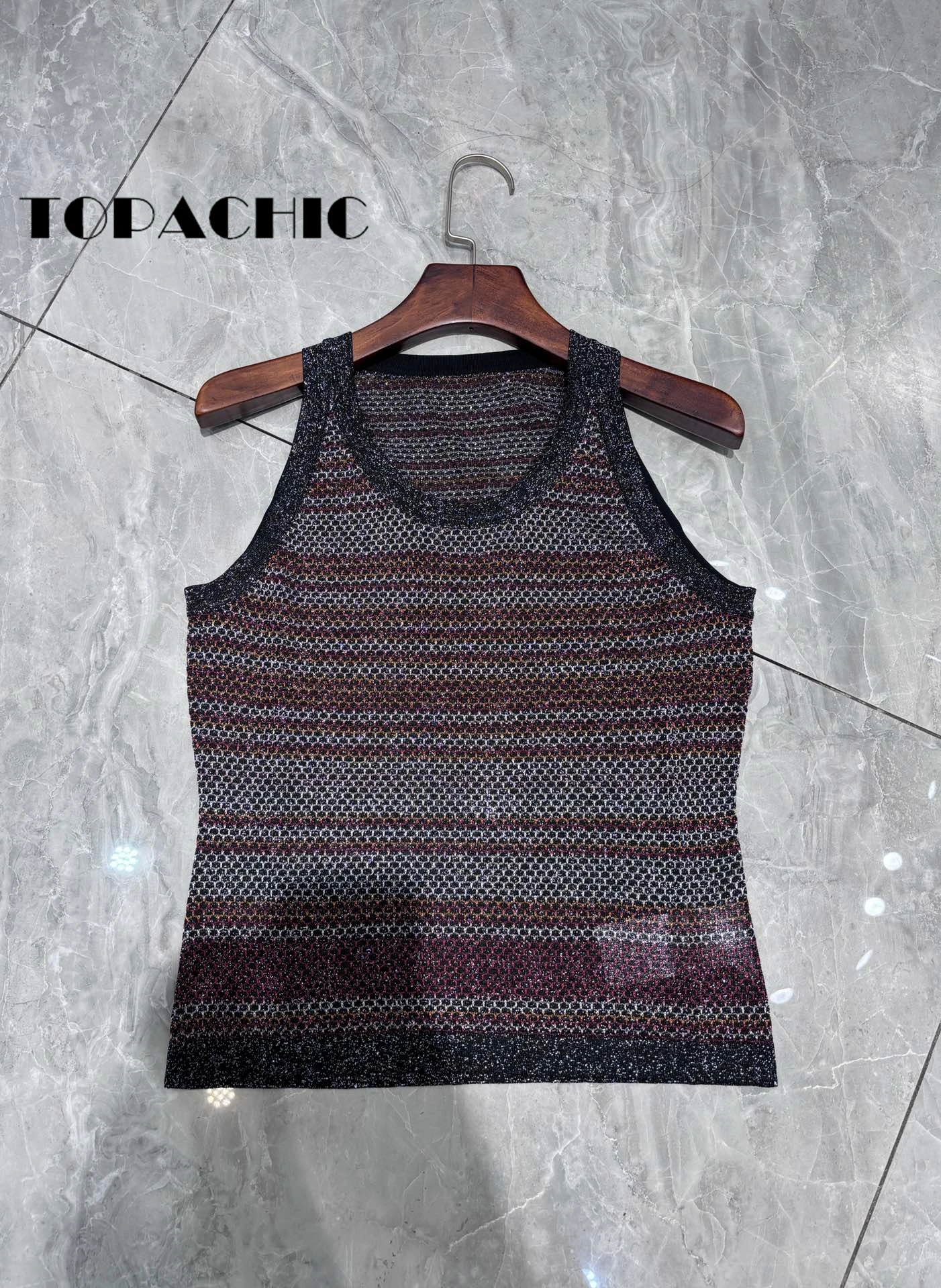 5.9 TOPACHIC Women\'s Striped Bling Silk Jacquard Knitted O-Neck Sleeveless Short Tank Top Or Elastic Waist Straight Pants Set