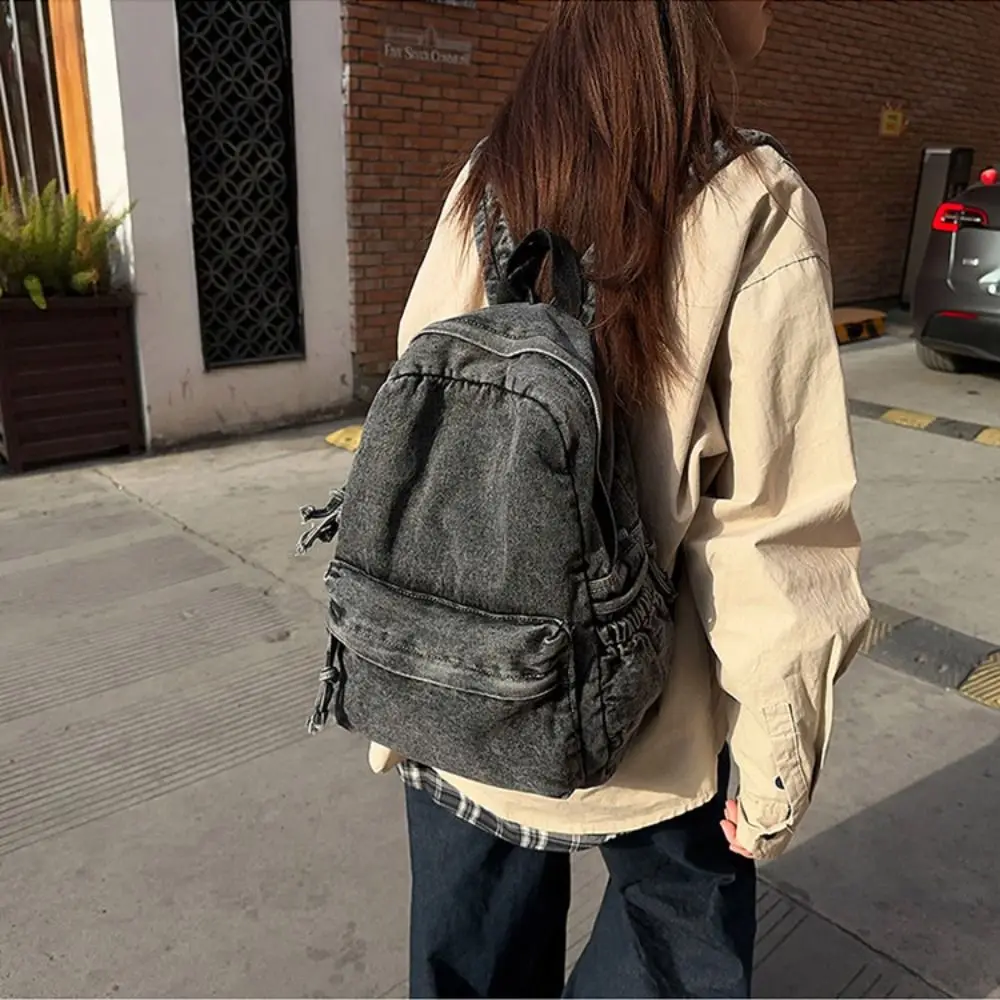 Casual Y2K Denim Backpack Street Style Large Capacity Vintage Handbag Solid Color Shopping Bag Solid Crossbody Bag Boy