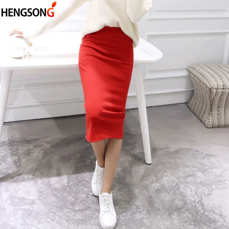 Autumn Spring New Women's Elegant Sheath Midi Skirts High Waist Solid Chic Wrap Skirt Split Pencil Skirt Knitted Bodycon