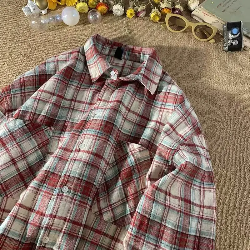 

Fall Large Size 250 Pou American Street Retro Plaid Long Sve irt Loose Faion Street Outerwear Men Trendy